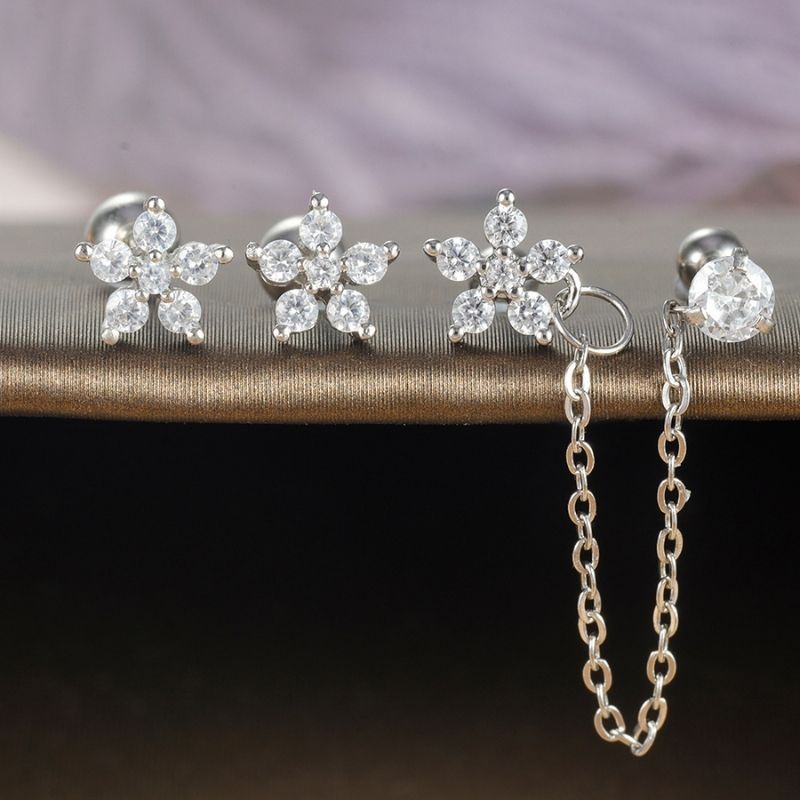 Boucle D'oreille Chaine 2 Trous Fleur Brillante Lot Doré - Acier inoxydable