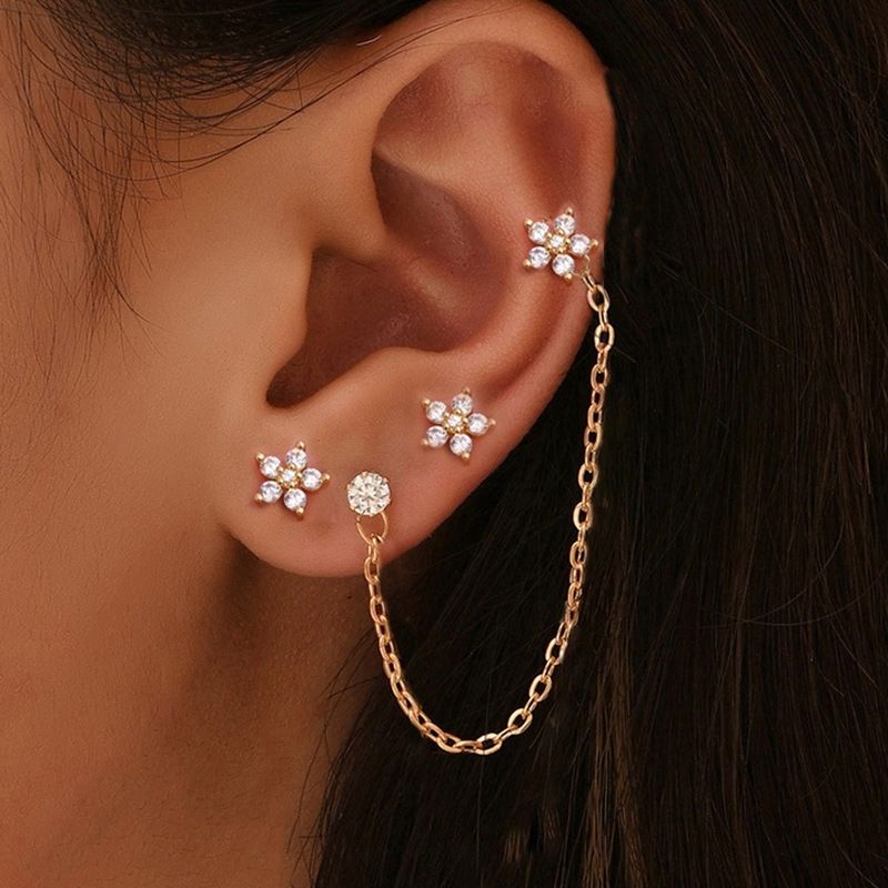 Boucle D'oreille Chaine 2 Trous Fleur Brillante Lot Doré - Acier inoxydable