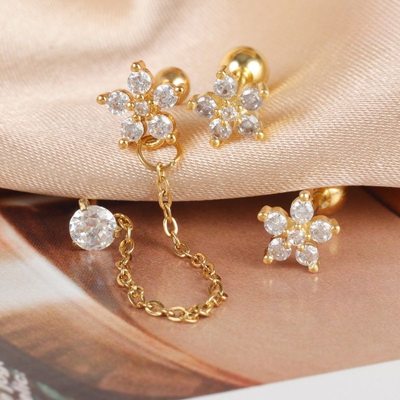 Boucle D'oreille Chaine 2 Trous Fleur Brillante Lot Doré - Acier inoxydable