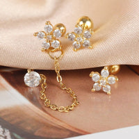 Boucle D'oreille Chaine 2 Trous Fleur Brillante Lot Doré - Acier inoxydable