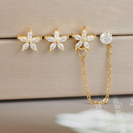 Boucle D'oreille Chaine 2 Trous Fleur Brillante Lot Doré - Acier inoxydable