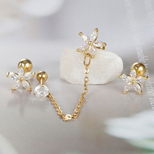 Boucle D'oreille Chaine 2 Trous Fleur Brillante Lot Doré - Acier inoxydable