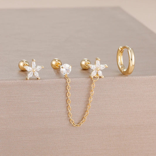 Boucle D'oreille Chaine 2 Trous Fleur Brillante Lot Doré - Acier inoxydable