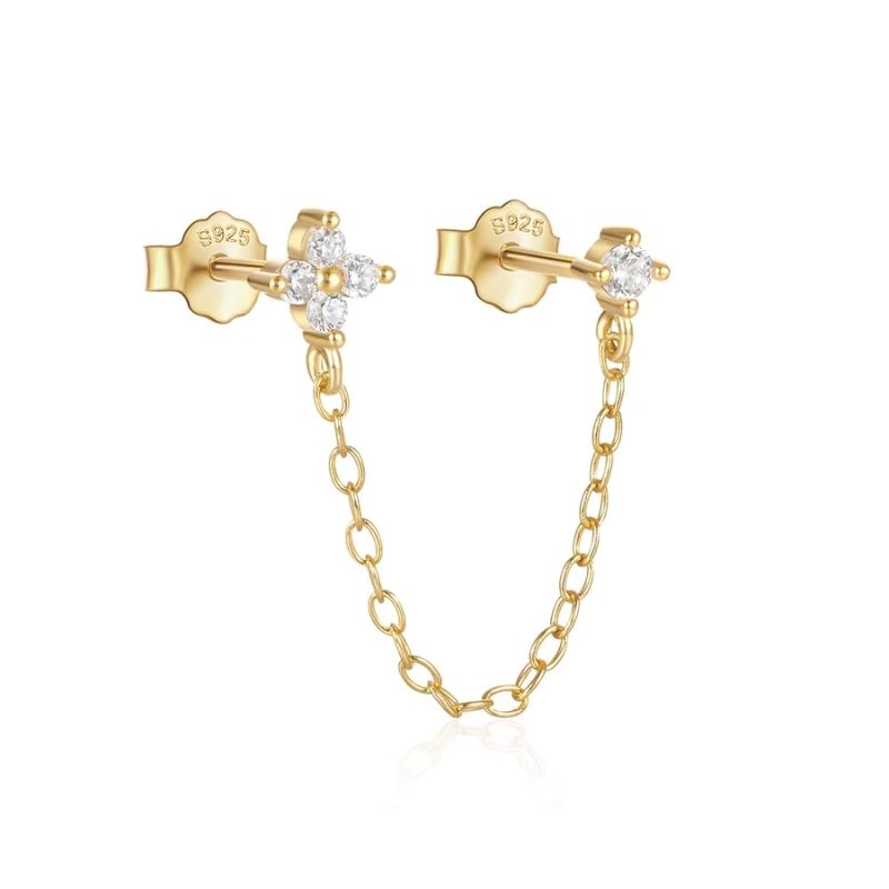 Boucle D'oreille Chaine 2 Trous Fleur Dorée - Argent