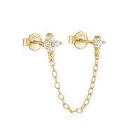 Boucle D'oreille Chaine 2 Trous Fleur Dorée - Argent