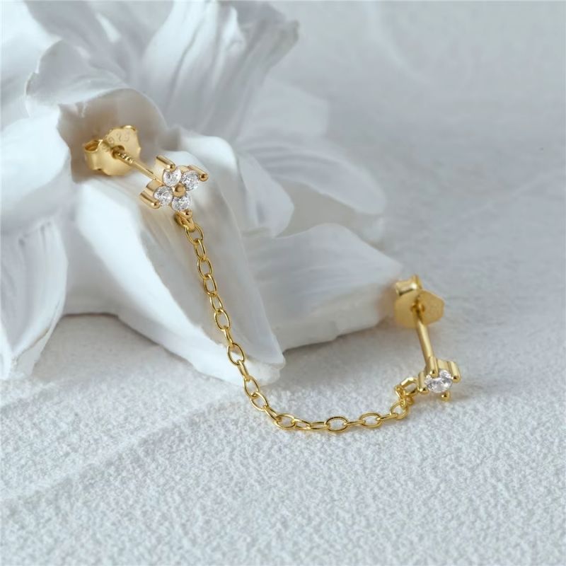 Boucle D'oreille Chaine 2 Trous Fleur Dorée - Argent