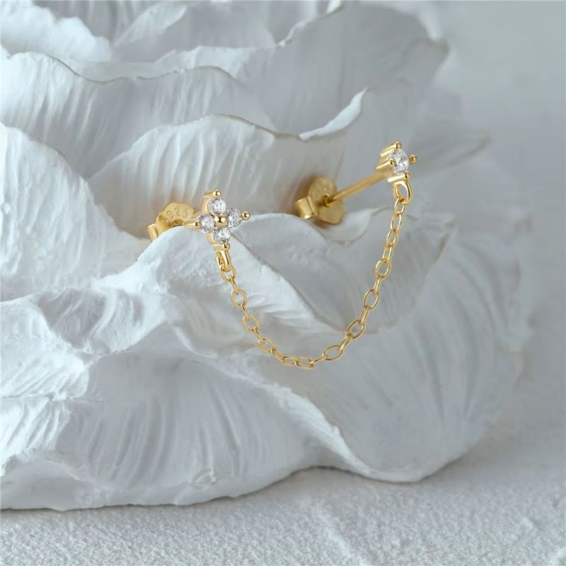 Boucle D'oreille Chaine 2 Trous Fleur Dorée - Argent