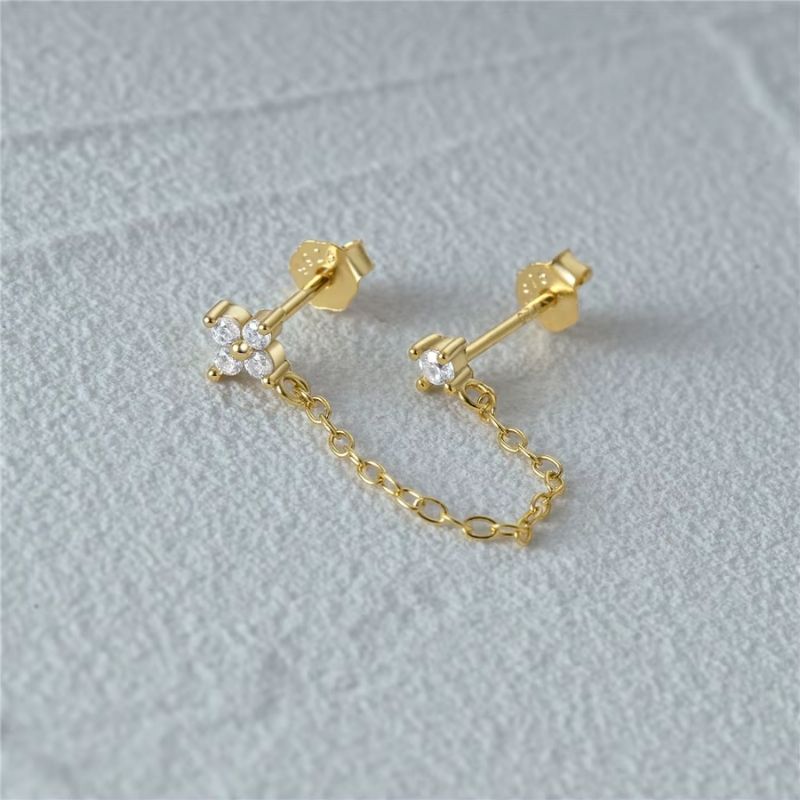 Boucle D'oreille Chaine 2 Trous Fleur Dorée - Argent