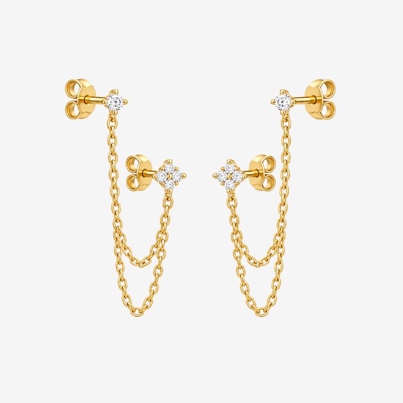 Boucle D'oreille Chaine 2 Trous Fleur Dorée