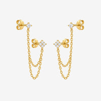 Boucle D'oreille Chaine 2 Trous Fleur Dorée