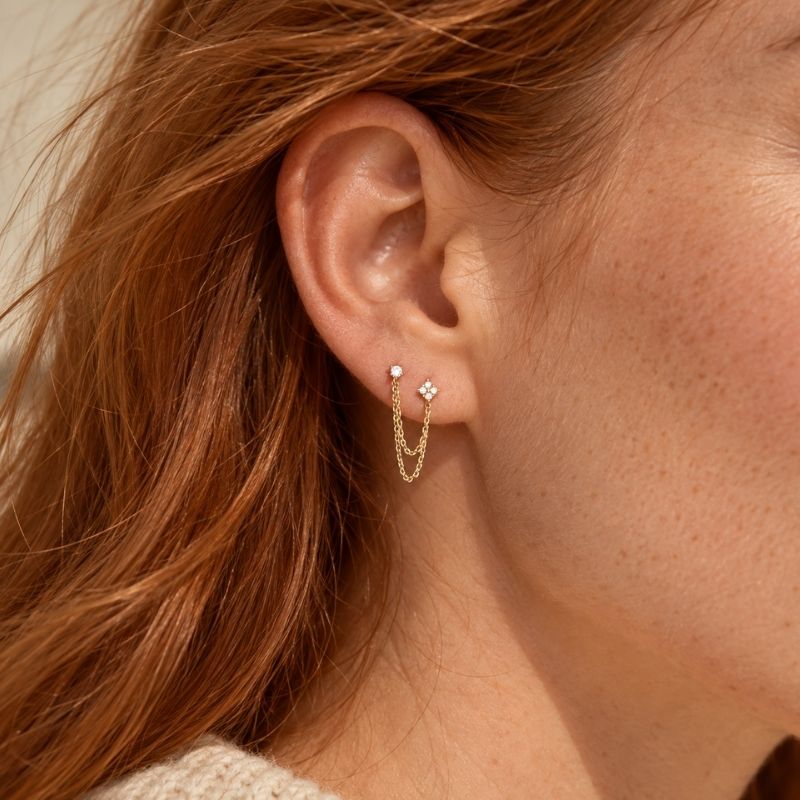 Boucle D'oreille Chaine 2 Trous Fleur Dorée