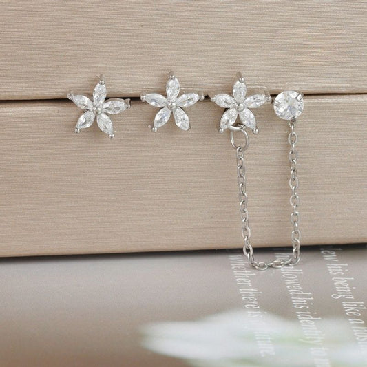 Boucle D'oreille Chaine 2 Trous Fleur Lot Minimaliste - Acier inoxydable