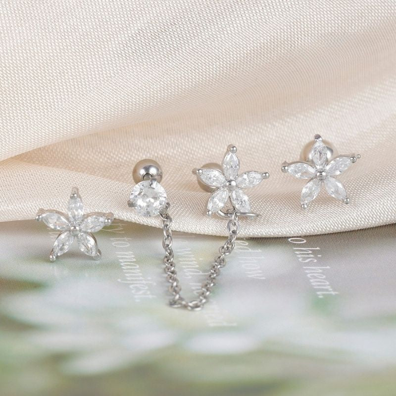 Boucle D'oreille Chaine 2 Trous Fleur Lot Minimaliste - Acier inoxydable