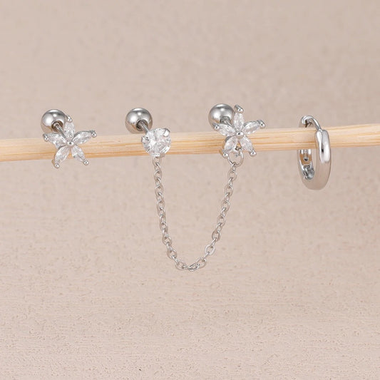 Boucle D'oreille Chaine 2 Trous Fleur Lot Minimaliste - Acier inoxydable