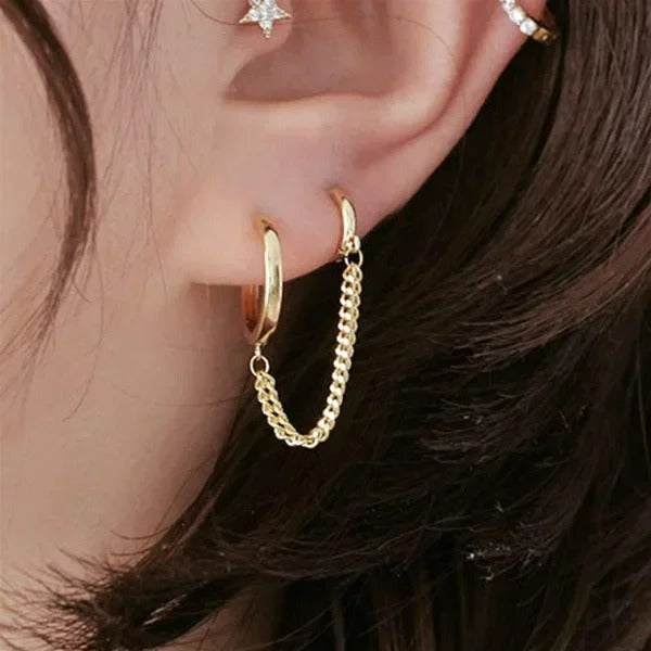 Boucle D'Oreille Chaine 2 Trous Mix Anneaux