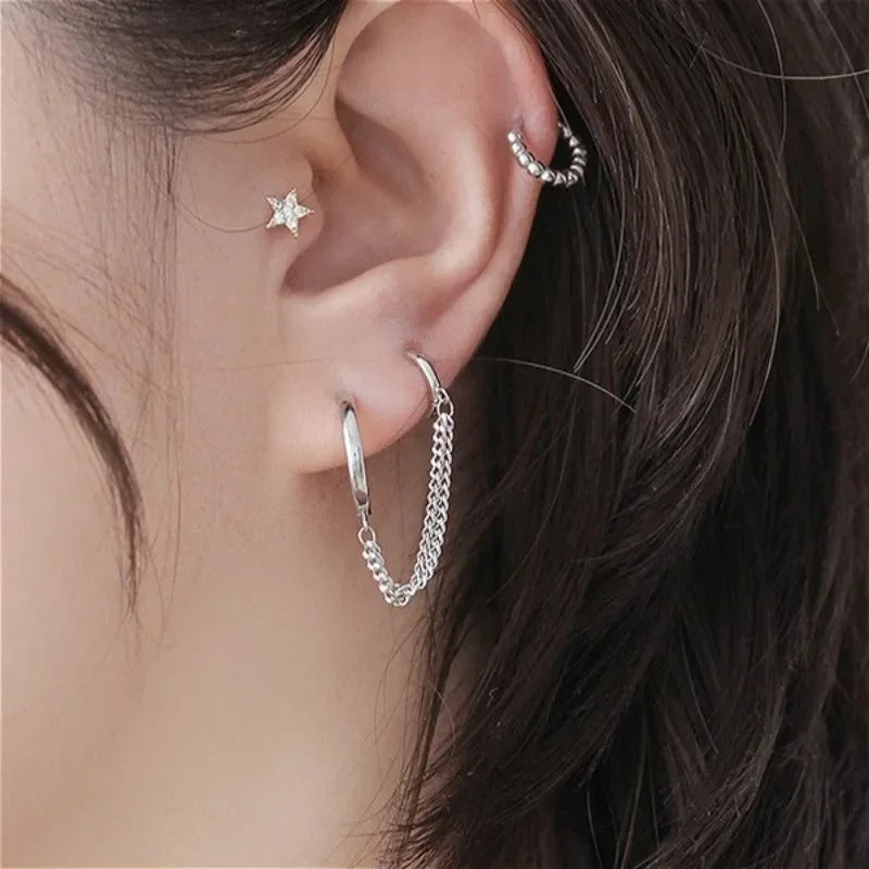 Boucle D'Oreille Chaine 2 Trous Mix Anneaux