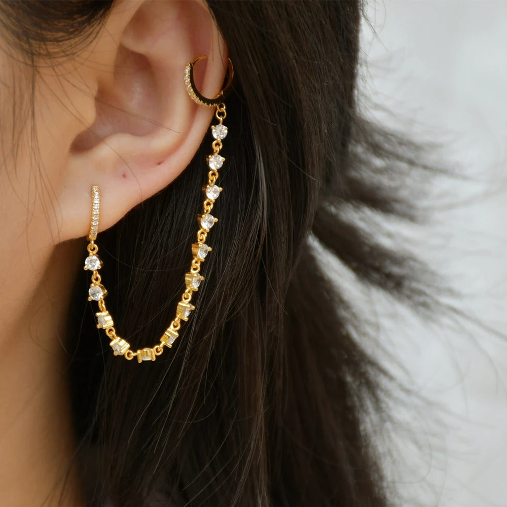 Boucle D'Oreille Chaine 2 Trous Strass Zircon