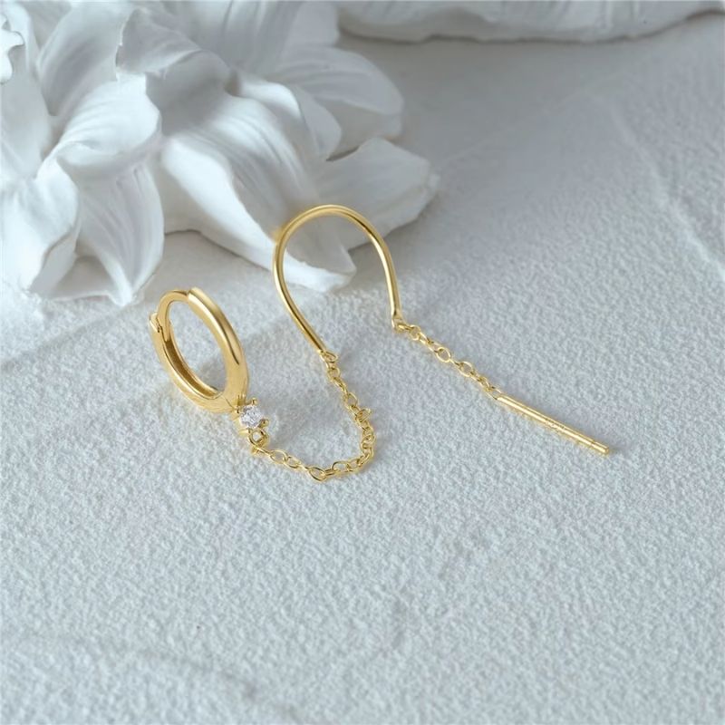 Boucle D'oreille Chaine 2 Trous Tige Dorée