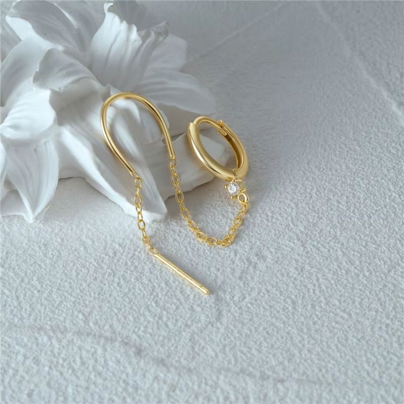 Boucle D'oreille Chaine 2 Trous Tige Dorée Image