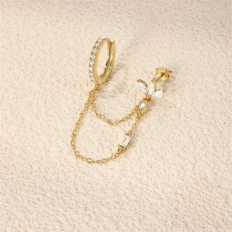 Boucle d'Oreille Chaine Anneau Et Fleur Dorée