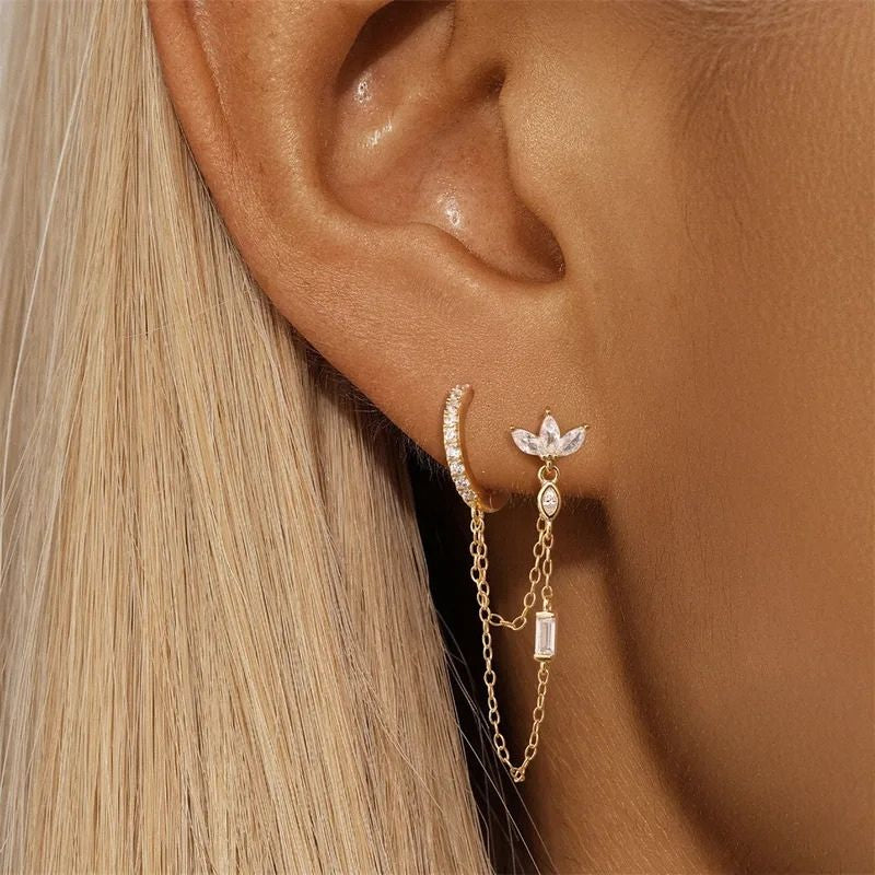 Boucle d'Oreille Chaine Anneau Et Fleur Dorée