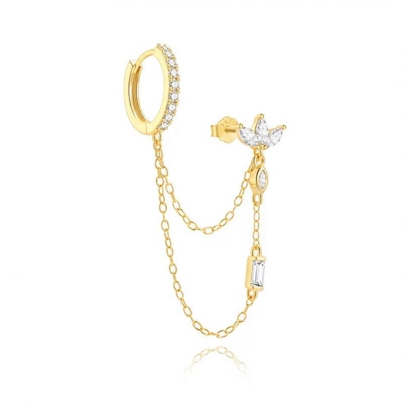 Boucle d'Oreille Chaine Anneau Et Fleur Dorée
