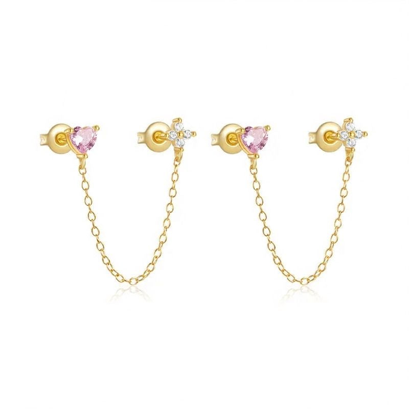Boucle d'Oreille Chaine Cœur Rose Et Fleur