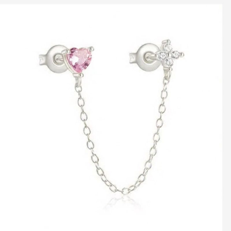 Boucle d'Oreille Chaine Cœur Rose Et Fleur