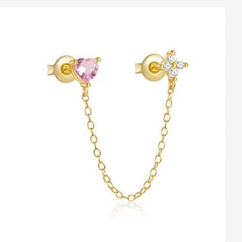 Boucle d'Oreille Chaine Cœur Rose Et Fleur