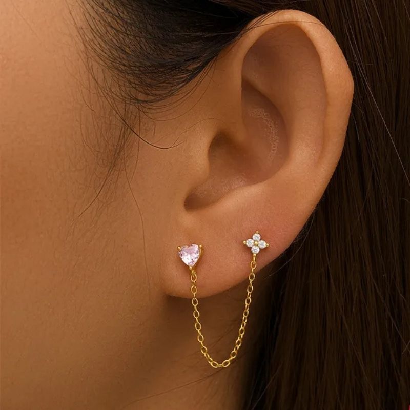 Boucle d'Oreille Chaine Cœur Rose Et Fleur