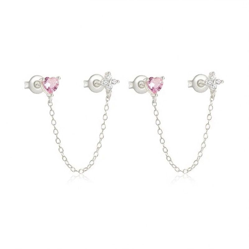Boucle d'Oreille Chaine Cœur Rose Et Fleur