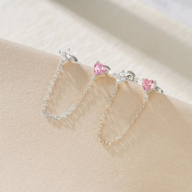 Boucle d'Oreille Chaine Cœur Rose Et Fleur