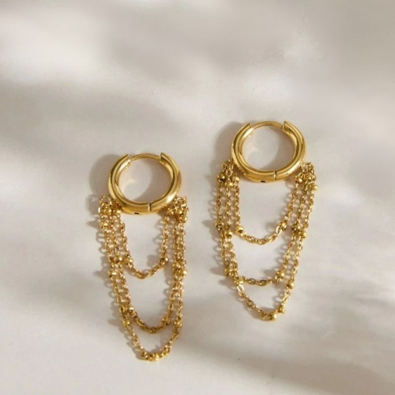 Boucle D’oreille Chaine Créole Cascade Trois Rangs - Acier Inoxydable
