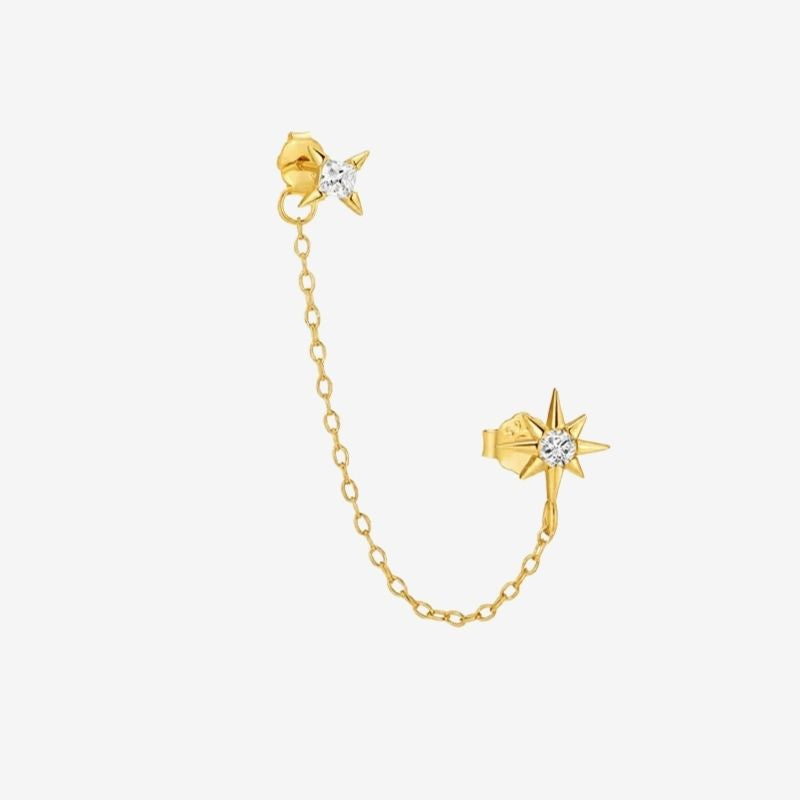 Boucle d'Oreille Chaine Deux Étoiles Dorées