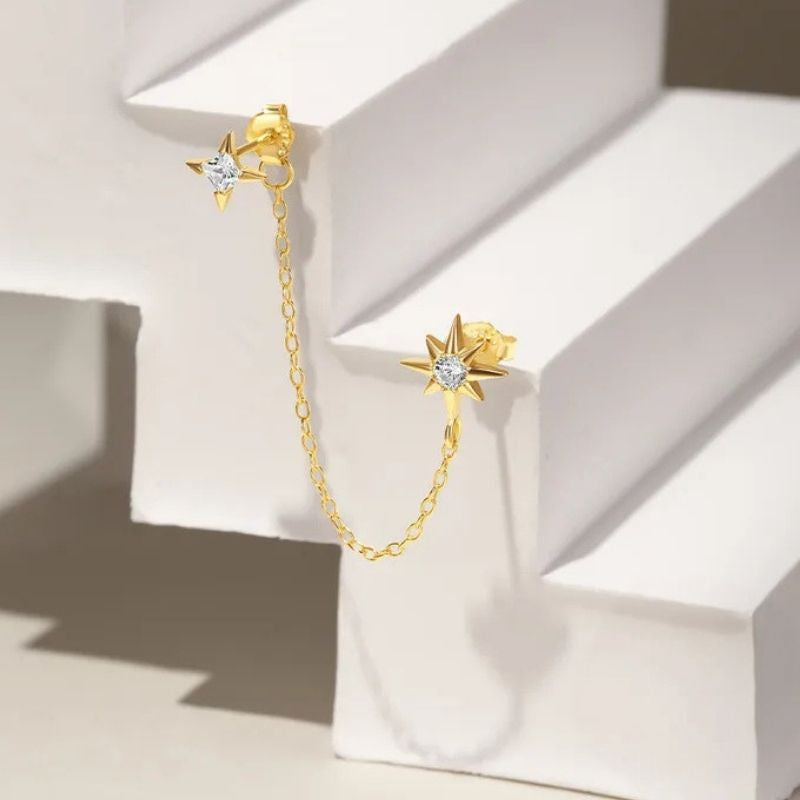 Boucle d'Oreille Chaine Deux Étoiles Dorées