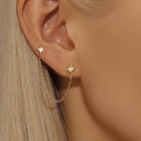 Boucle d'Oreille Chaine Deux Étoiles Dorées