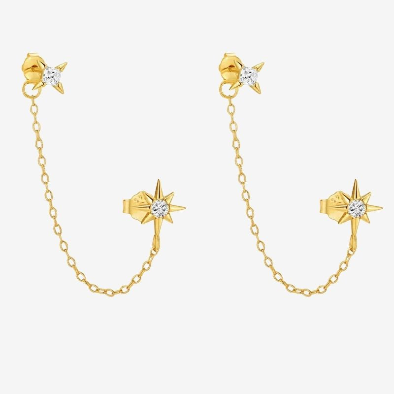 Boucle d'Oreille Chaine Deux Étoiles Dorées