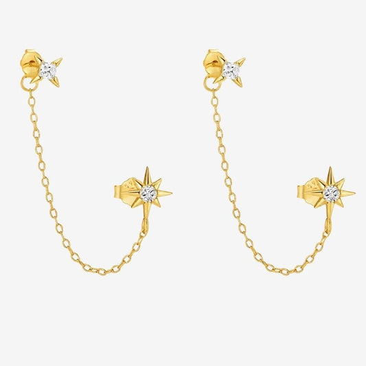 Boucle d'Oreille Chaine Deux Étoiles Dorées