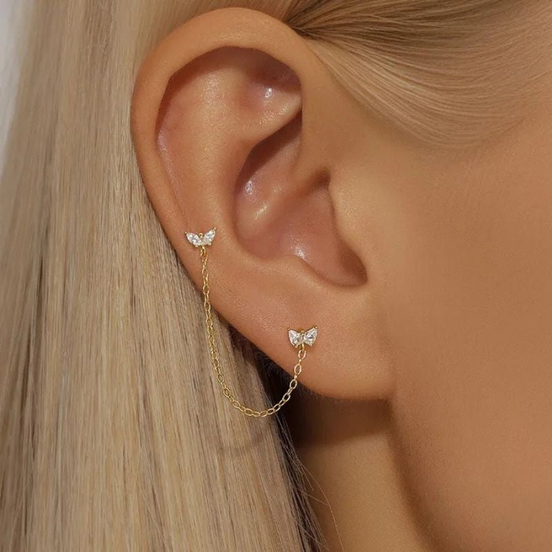 Boucle d'Oreille Chaine Deux Papillons Dorés