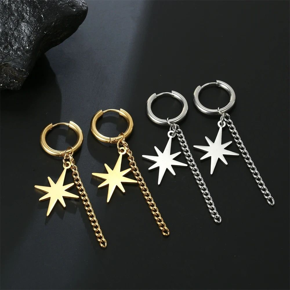 Boucle D'Oreille Chaine Dorée Étoile & Créole Acier Inoxydable