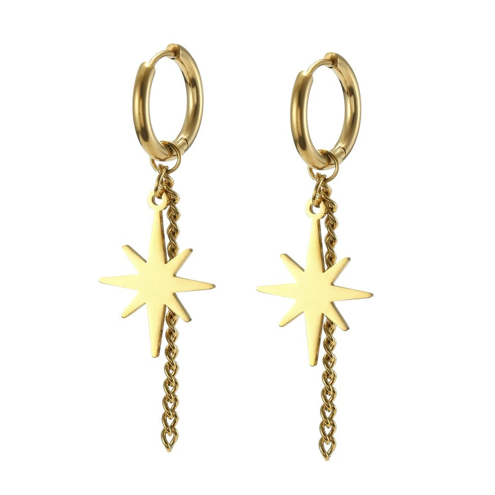 Boucle D'Oreille Chaine Dorée Étoile & Créole Acier Inoxydable