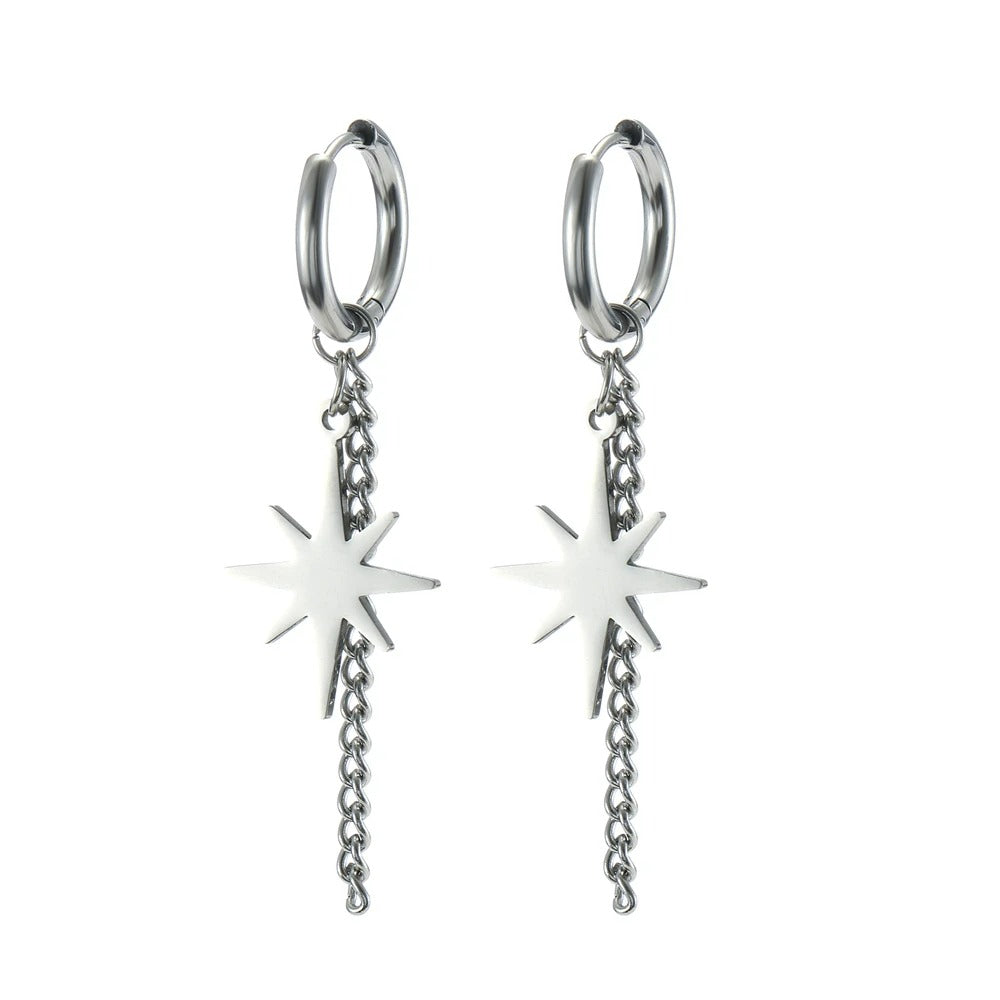 Boucle D'Oreille Chaine Dorée Étoile & Créole Acier Inoxydable