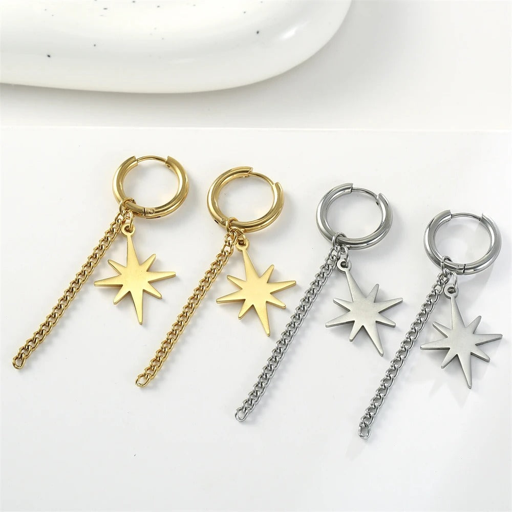 Boucle D'Oreille Chaine Dorée Étoile & Créole Acier Inoxydable