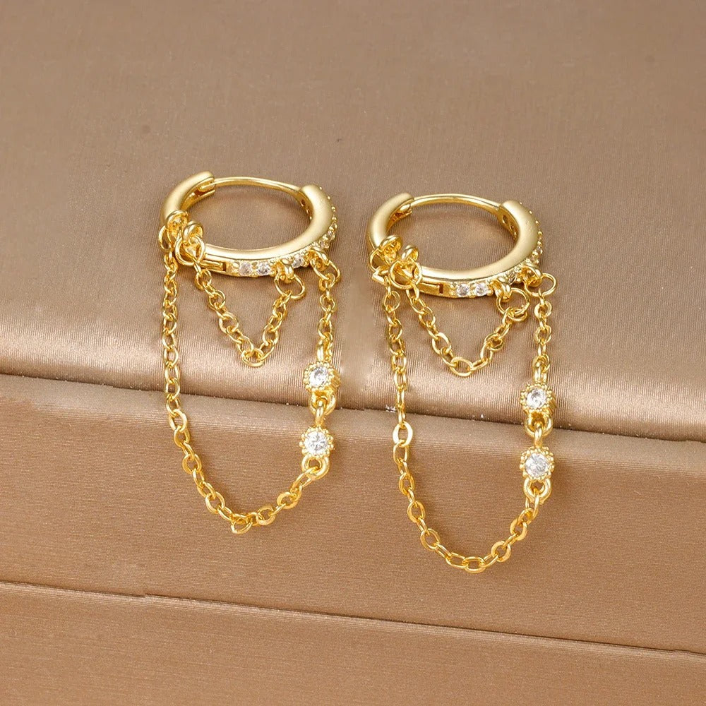 Boucle D'Oreille Chaine Double Et Acier Inoxydable Doré