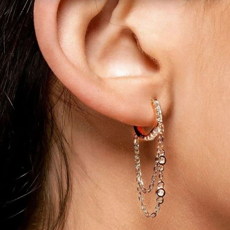 Boucle D'Oreille Chaine Double Et Acier Inoxydable Doré