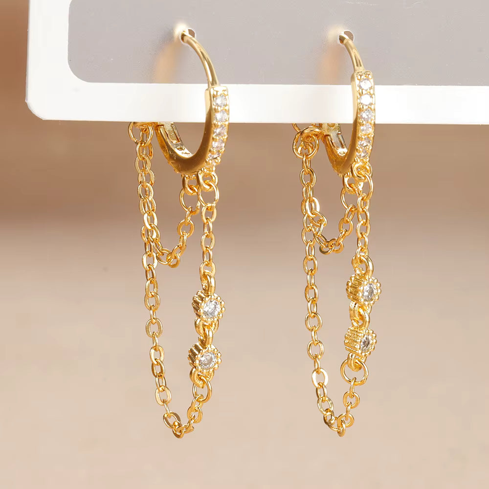 Boucle D'Oreille Chaine Double Et Acier Inoxydable Doré