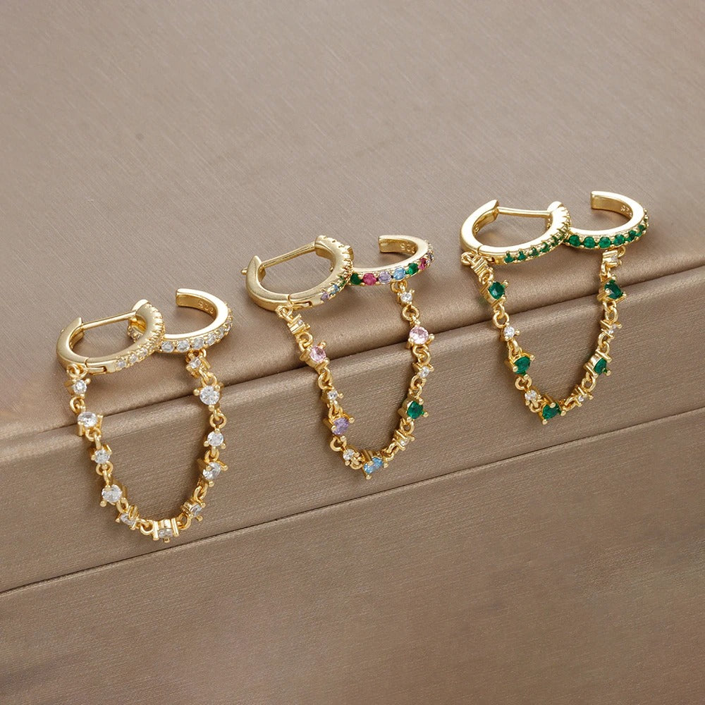 Boucle d'Oreille Chaine Double Anneau Acier Inoxydable