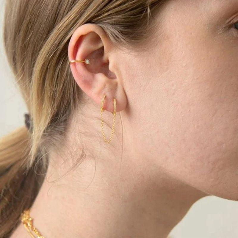Boucle D'oreille Chaine Double Créole Étincelant Image