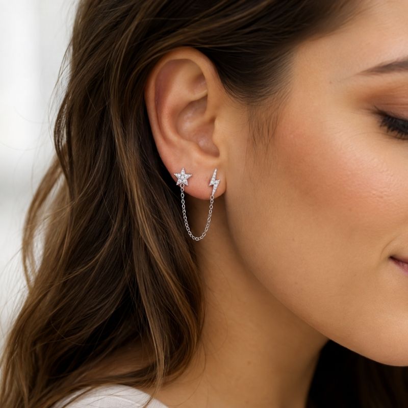 Boucle d'Oreille Chaine Étoile Et Éclair Argentée