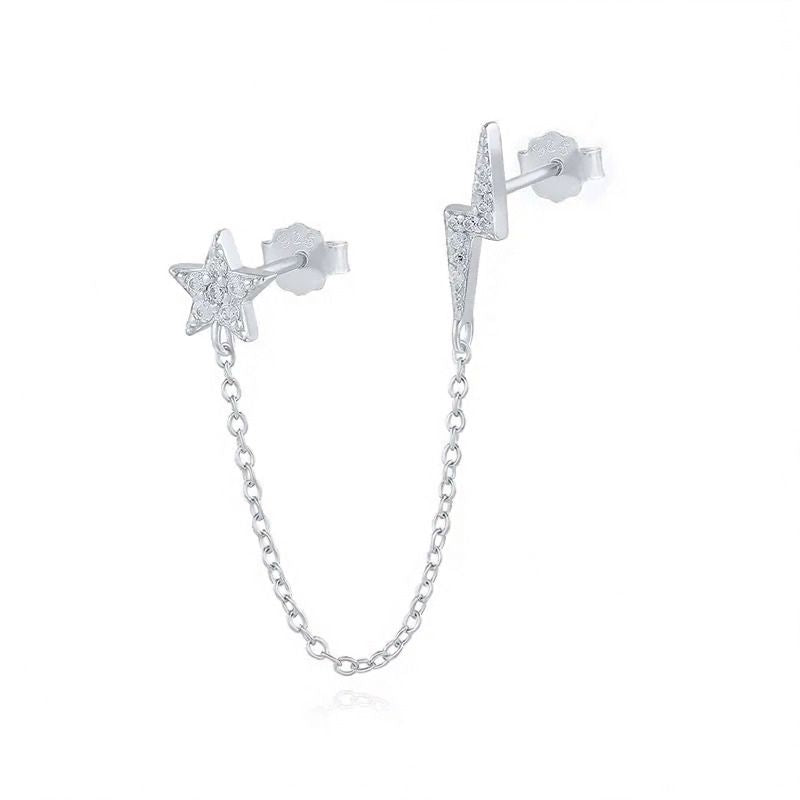 Boucle d'Oreille Chaine Étoile Et Éclair Argentée